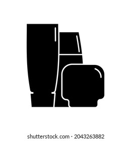 Three plastic cosmetic jar product. Oil, mask, cream. Cosmetic container. Illustration design in the form of black silhouette with thin white lines. Isolated icon in flat style on white background.
