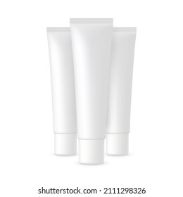Three Plastic Cosmetic Tubes Mockups Isolated on White Background. Vector Illustration