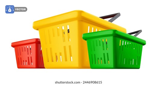 Tres cestas de plástico de compras o de comestibles del supermercado, rojo, amarillo y verde, aislado sobre fondo blanco. Ilustración vectorial realista 3d