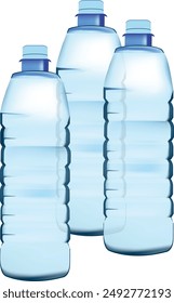 Three plastic water bottles standing on a plain white background