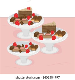 Three plates with different sets of chocolate and strawberries for serving the table for the celebration of World Chocolate Day