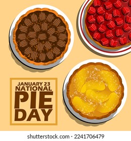 Three plates of pie with flavors of pecan, peach and red berry pie with bold text in frame on light brown background to celebrate National Pie Day on January 23