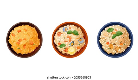 Three plates of risotto with different ingredients. Risotto with pumpkin, mushrooms, shrimps and sea fruits. Top view. Vector illustration on white background