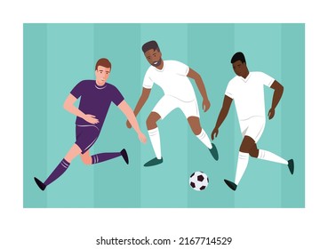 Three players on the green football field during the match play the ball on the field.