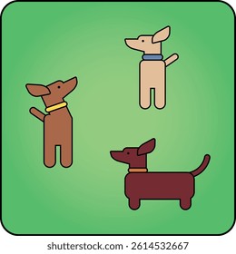 Three playful dogs in cartoon style – cheerful vector illustration with green background. Perfect for pet-related content, dog training visuals, and educational or inclusive designs.