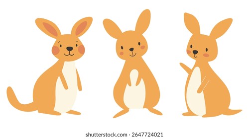 Três divertidos cangurus vetor minimalista em tons quentes de laranja e creme, cada um marcando uma pose única. Perfeito para a decoração infantil, arte infantil, temas da vida selvagem australiana, cartões de saudação, adesivos e 