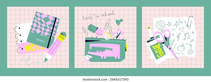 Three playful posters with school supplies in bright flat style. Includes notebooks, pencil, glue, stationery, crocodile pencil case, and doodles