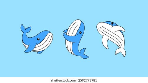 Three playful whales swimming joyfully in the sea, perfect for children’s media and marine-themed designs in a vibrant cartoon style, vector art