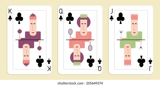 Three playing cards - King, Queen and Jack, vector cartoon illustration, flat style