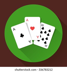 Three Playing Cards. Long shadow vector icon. Poker symbol