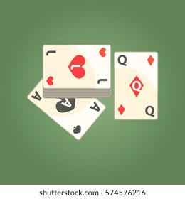 Three Playing Cards For Poker Game, Gambling And Casino Night Club Related Cartoon Illustration