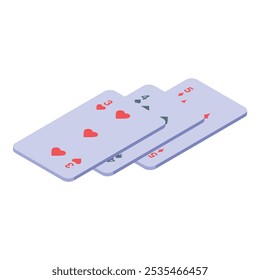 Three playing cards are showing hearts, spades and diamonds suits in isometric view