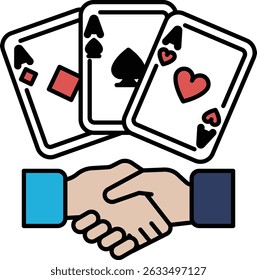 Three playing cards are shown with a handshake between them. The cards are arranged in a row, with the top card being a heart, the middle card being a spade, and the bottom card being a diamond