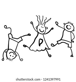 Three playing children. Style of childrens drawing. Vector illustration. Outline drawing on a white background.