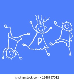 Three playing children. Style of childrens drawing. Vector illustration. Outline drawing on a light blue background.
