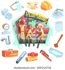 Three Plumbers At Work Surrounded By Profession Related Objects Cool Colorful Vector Illustration In Stylized Geometric Cartoon Design