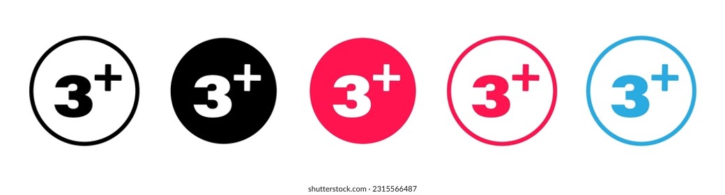 three plus only icon. Age limit or restriction. 3 plus only embelm, sticker, or label. Vector