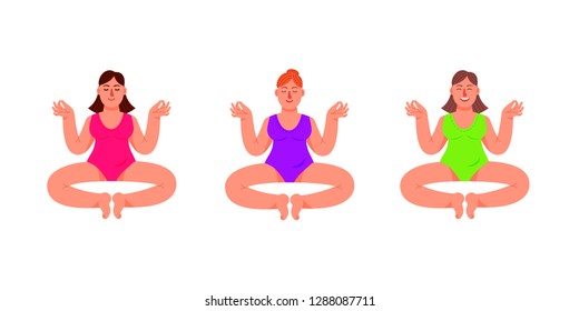 Three plus size women sitting in a lotus position. A set of plus size women in a meditative pose. Vector illustration in cartoon style.