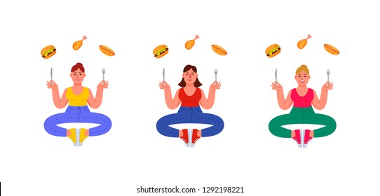 Three plus-size women in a pose of meditation with a fork and a knife in their hands and unhealthy food around. Burger, hot dog and drumstick. Vector illustration in cartoon style.