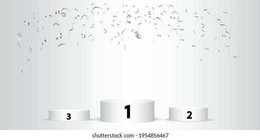 Confeti de tres podios sobre fondo claro. Primer trofeo. Premio ganador. Imagen de archivo. Ilustración vectorial. EPS 10.