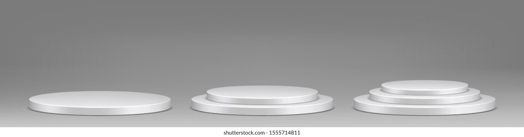 Three podium. White platform or backdrop with empty space for display.