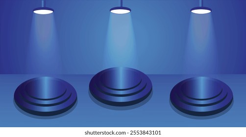 three podiums with blue sapphire colors for advertising or presentation.