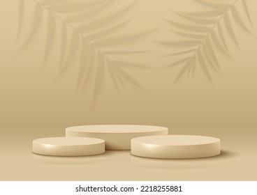 Three Podiums Composition on Beige-Golden Background with Blurred Palm Leaves. Horizontal Banner. Vector Illustration.