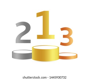 Three podiums for first, second and third place. Golden, silver and bronze pedestal or platform with number on top on white background. Vector illustration, simple symbol.