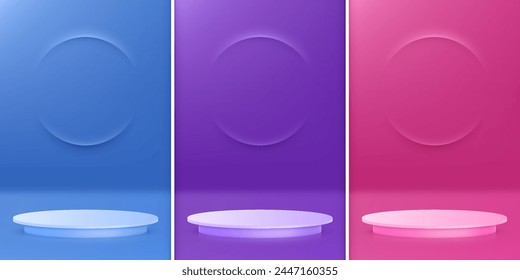 Three podiums with glowing lights on blue, purple, and pink background