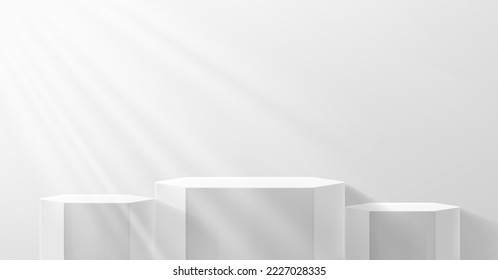 Three podiums illuminated with the sun from the window. 3d vector scene for product design