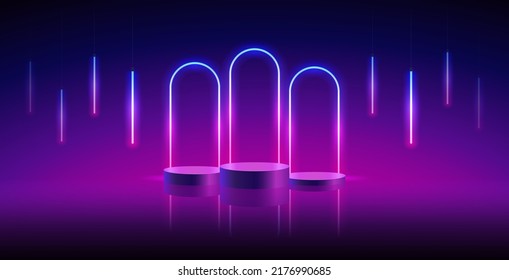 Three Podiums with Neon Arcs on Blurred Background. Vector clip art for your project in retro style design.