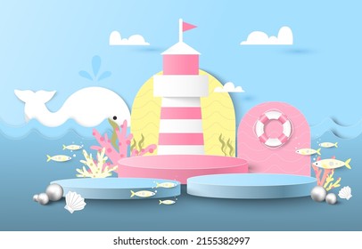 Three podiums and the sea. blue background. decoration, pearl, rubber ring, whale, fish, coral, lighthouse, shellfish, sky. paper cut and craft style. vector art and illustration.