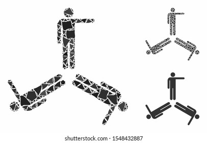 Three pointing men mosaic of bumpy elements in various sizes and color hues, based on three pointing men icon. Vector bumpy parts are composed into collage.