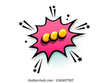 Three points cartoon funny retro candy comic font. Explosion isometric text shock phrase pop art. Colored comic text speech bubble. Positive glossy sticker cloud vector illustration.
