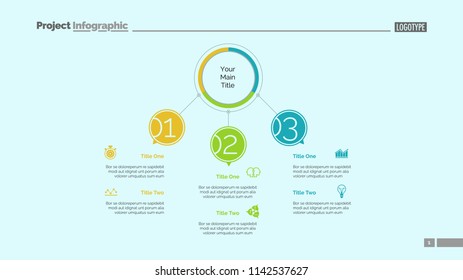 Three points process chart slide template. Business data. Option, diagram, design. Creative concept for infographic, presentation. Can be used for topics like management, strategy, teamwork.