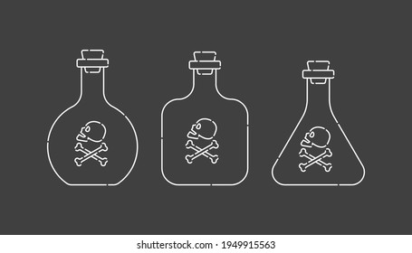 Three poison flask with skull forms in front view. Dangerous containers. Potion or medical concept. Chemistry icon., danger symbols isolated flat illustration on black background. Vector.
