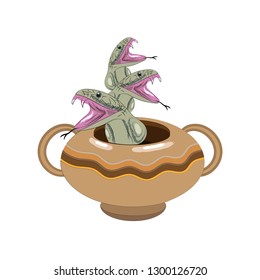 Three poisonous snakes in a ceramic vessel. Isolated image. Vector illustration