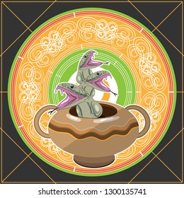 Three poisonous snakes in a ceramic vessel. Magical mandala in the background. Vector illustration