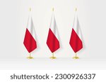 Three Poland flags in a row on a golden stand, illustration of press conference and other meetings. Vector illustration.