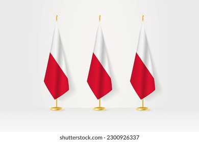 Three Poland flags in a row on a golden stand, illustration of press conference and other meetings. Vector illustration.