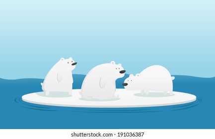 Three polar bears on ice in the sea