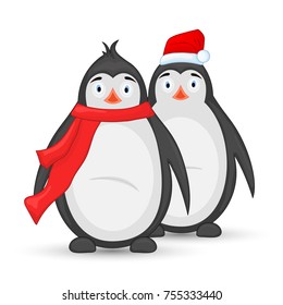 three polar penguin hat and scarf. postcard for the new year and Christmas. Isolated objects on white background. Template for text and congratulations