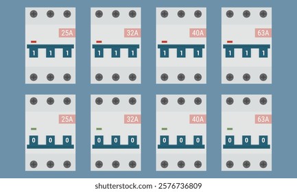 Three pole circuit breaker set rated 25 to 63 Amperes. Flat style vector illustration. EPS10