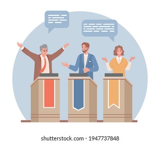 Three politicians discussing at tribunes vector flat illustration. Men and woman debate, opposing parties talking on public demonstrations. Pre election campaign, elections concept.