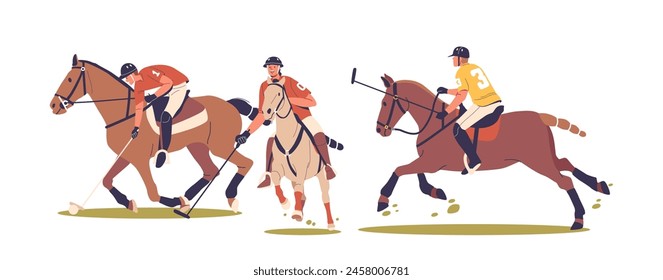 Three Polo Player Characters Engaged In Match, Focused On The Ball. Their Concentration And The Movement Of Their Horses