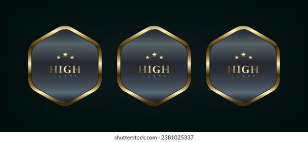 Three polygon button used in UI, UX vector illustration with frame 3d golden glossy elegant design for empty emblem, medal or badge, shiny and gradient dark background
