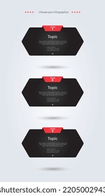 THREE polygon shape buttons design, and trendy dark polygon vector banners, 3 dark icons infographic design, THREE polygons shapes elements design, processing step element
