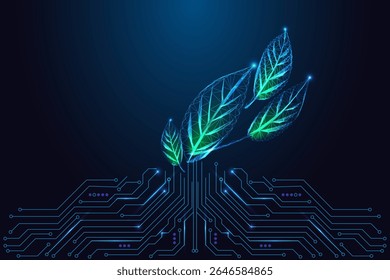 Three polygonal green leaves growing from circuit board on dark blue background. Concept for sustainable AI, green technology, and clean energy innovation. Eco-friendly tech theme. Vector illustration