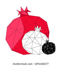 Three pomegranates. Vector illustration in a polygonal style. Can be used as a print for textiles, paper, clothes, T-shirts, dishes, souvenirs, food packaging