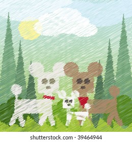 three poodles taking a walk in the park
